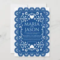 Mexican Papel Picado Blue White Folk Art Wedding Invitation