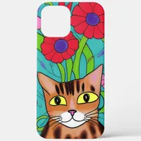 Folk Art Whimsical Cat and Flowers iPhone 12 Pro Max Case