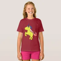 Unicorn Yellow Patriotic USA Flag Mane Cartoon T-Shirt