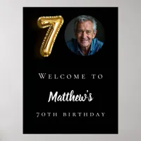 Black gold 70th photo birthday party welcome poster