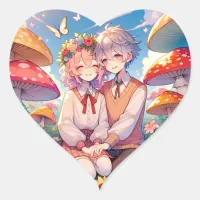 Cute Cuddly Anime Couple Whimsical Romantic Heart Sticker