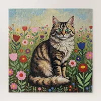 Fluffy Gray Tabby Cat and Folk Art Flowers Jigsaw Puzzle