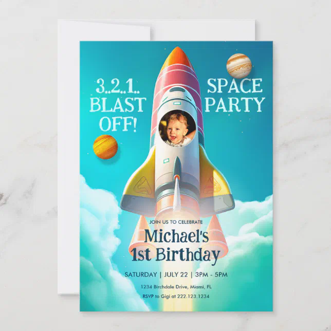 Rocket in Sky Space Theme Birthday Invitation