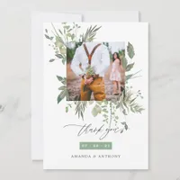 Watercolor Greenery Wedding Photo Thank You Card