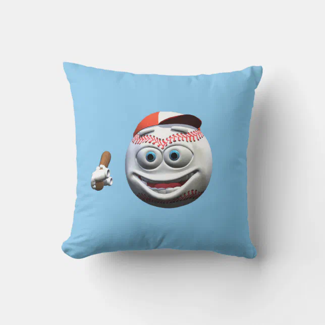 Funny Cartoon Baseball with Bat Throw Pillow