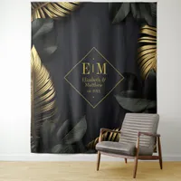 Black and Gold Tropical Wedding Tapestry