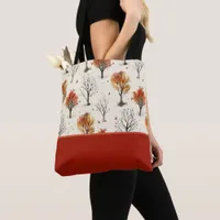 Cozy Autumn Trees Botanical Print Color Block Tote Bag