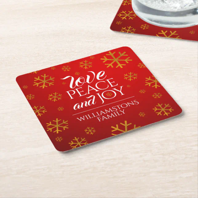 Festive Red Love, Peace, and Joy with Snowflakes Square Paper Coaster