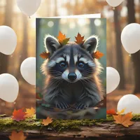 Cute Raccoon and Fall Leaves Birthday Card