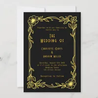 Black gold floral vintage wedding invitation