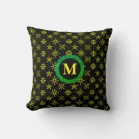 Wreath Monogram Yellow Snowflakes in Black Throw Pillow