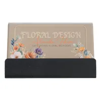 Elegant Rustic Kraft Boho Floral Design Embossed  Desk Business Card Holder