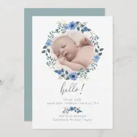 Baby Birth  Announcement | Watercolor Blue Floral
