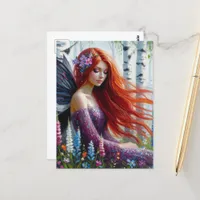 Red Hair Fairy in Spring Birch Forest Postcard