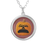 Jack o' Lantern Unhappy Face, Halloween Pumpkin Silver Plated Necklace