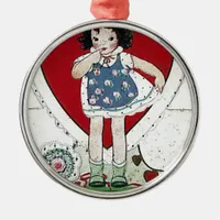 A Vintage Valentine Girl Birdie Told Me Metal Ornament