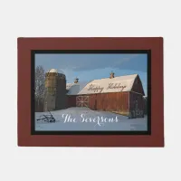 Rustic Winter Barn Happy Holidays Doormat