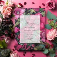 Glamorous Fuchsia, Emerald Green & Black Floral Invitation