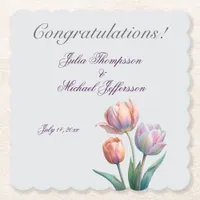 Romantic and Poetic Pastel Tulips Watercolor Paper Coaster