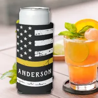 Thin Gold Line Flag Personalized 911 Dispatcher Seltzer Can Cooler