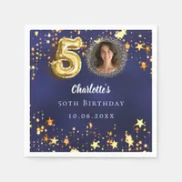 50th birthday navy blue gold stars photo napkins