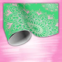 Pretty pink mandala on green | wrapping paper