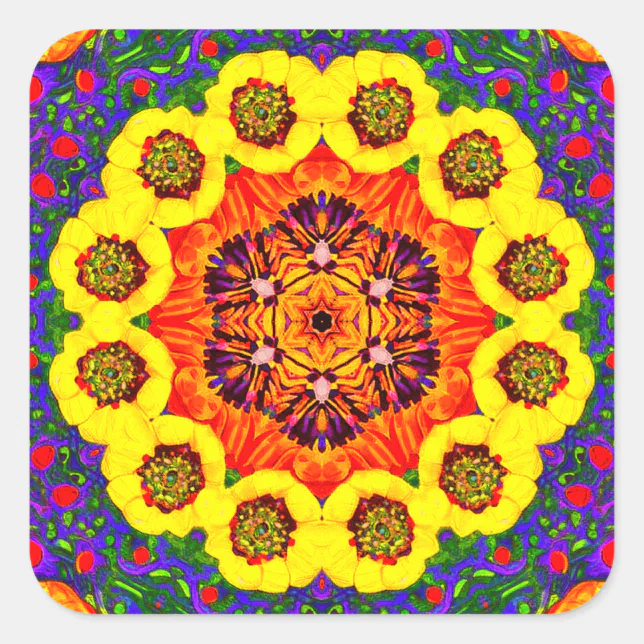 Golden flower kaleidoscope square sticker