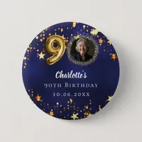 90th birthday navy blue gold stars photo button