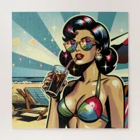 Beautiful Pinup Woman with a Cola on the Beach Jigsaw Puzzle