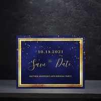 60th birthday dark blue gold save the date postcard