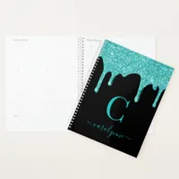 Chic Black Teal Glitter Dripping Luxury Planner