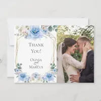 Wedding Photo | Watercolor Blue Peony Flowers Thank You Card