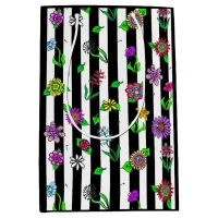 Black and White Striped Floral Whimsical Medium Gift Bag