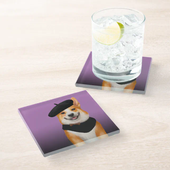 Cute Chic Corgi Dog Wearing Beret & Bandana Glass Coaster