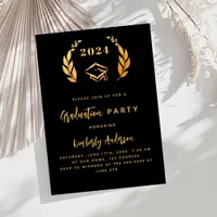 Black gold laurel wreath 2025 Graduation Party Invitation