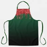 Christmas Red Glam Glitter Dripping on Green Apron