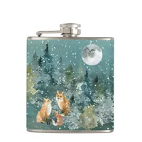 Fox Family in Forest Full Moon Snowfall Flask