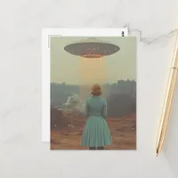 Woman in blue dress and a UFO Postcard