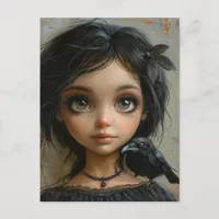 Adorable Gothic Girl and her Pet Black Bird Postcard