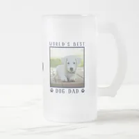World's Best Dog Dad Navy Paw Prints Name Photo Frosted Glass Beer Mug