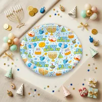 Cute Light Blue Kawaii Hanukkah Birthday Paper Plates