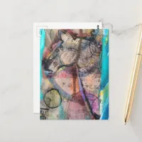 Unique Retro Horse on Blue Background Mixed Media Postcard