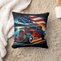 Hot rod racing with flames against a river   throw pillow