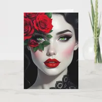 I Love You | Beautiful Woman with Red Rose Card