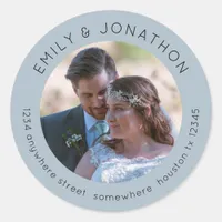 Custom Wedding Photo Return Name Address Blue Classic Round Sticker