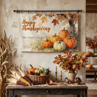 Watercolor Fall Pumpkins Leaves Thanksgiving Banner