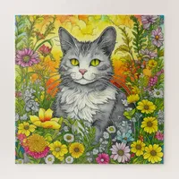 Whimsical Cat and Flowers  Jigsaw Puzzle