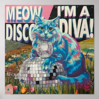 cat on a disco ball disco diva poster