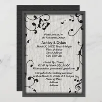 Music Butterfly Leaves Gray Black Rehearsal Dinner Invitation