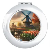 Windmill in Dutch Countryside by River with Tulips Compact Mirror